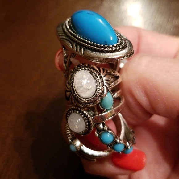 🆕8 pc/set Boho silver turquoise/opal rings - Picture 4 of 4